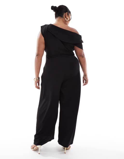 ASOS DESIGN Curve fallen shoulder tuck detail wide leg jumpsuit in black, 2 of 4