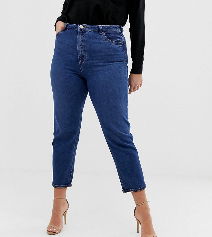 ASOS DESIGN Curve - Farleigh - Smalle gerecyclede mom jeans met hoge taille in dark wash-Blauw