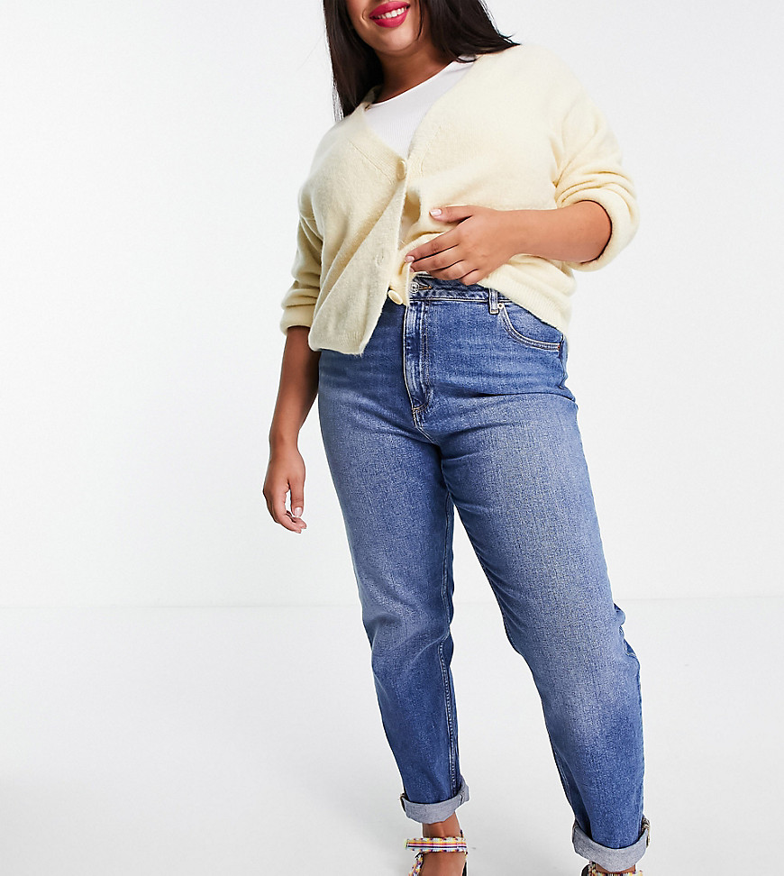 ASOS DESIGN Curve - Farleigh - Smalle mom jeans met hoge taille in authentic midwash-Blauw