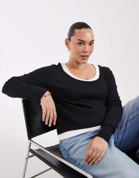 ASOS DESIGN Curve faux double layer long sleeve in mono - view 1