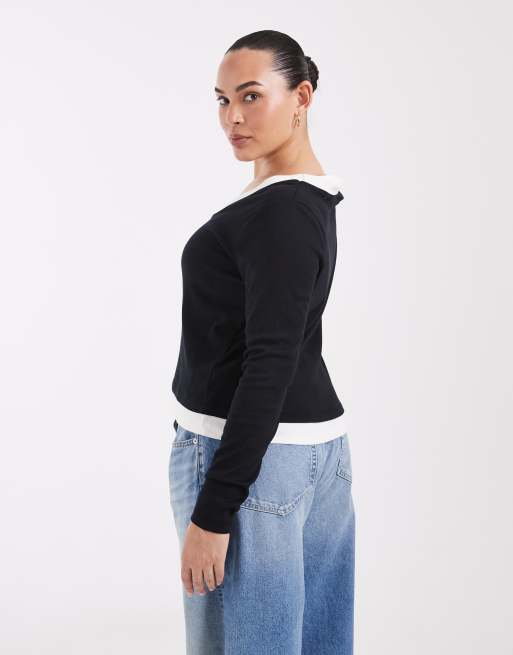 ASOS DESIGN Curve faux double layer long sleeve in mono, 4 of 4