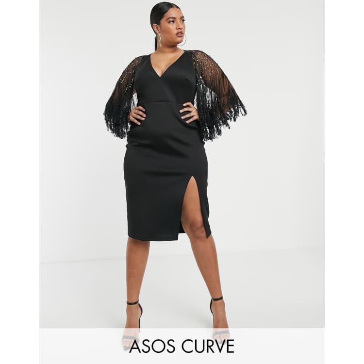 Asos design faux feather cape midi pencil dress sale