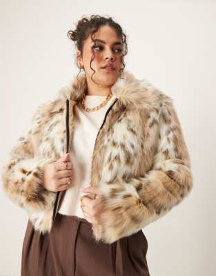 ASOS DESIGN Curve faux fur bomber jacket in snow leopard print-Multi