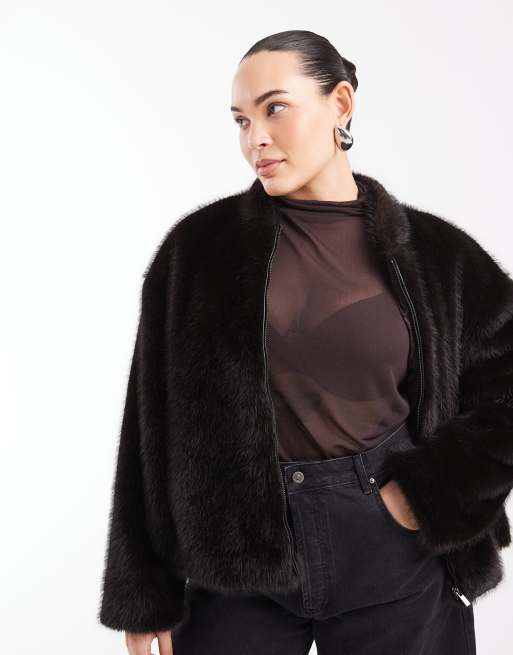ASOS DESIGN Curve faux-fur bomberjack met rits in donkerbruin, 2 van 4