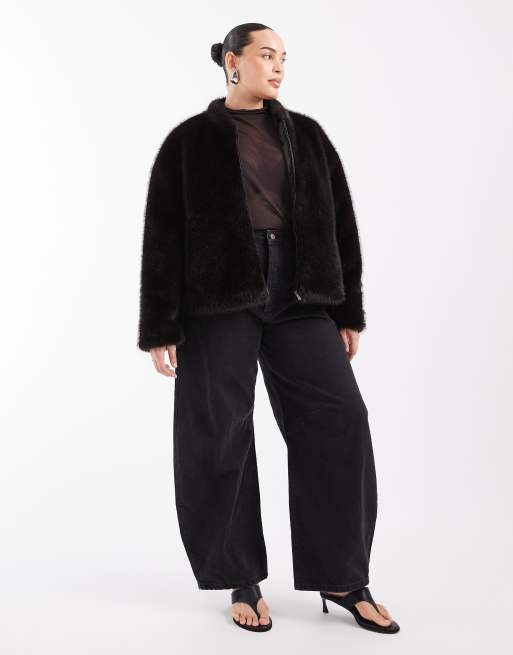 ASOS DESIGN Curve faux-fur bomberjack met rits in donkerbruin, 4 van 4