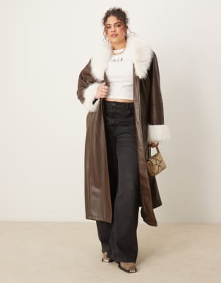 ASOS DESIGN Curve faux fur collar and cuff longline leather look coat in chocolate-Brown