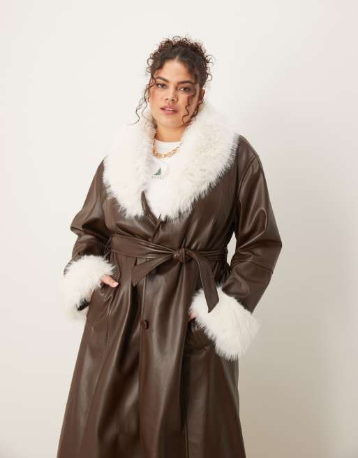 ASOS DESIGN Curve faux fur collar and cuff longline leather look coat in chocolate