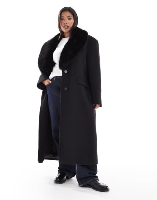 ASOS DESIGN Curve faux-fur collar wool-blend dad coat in black