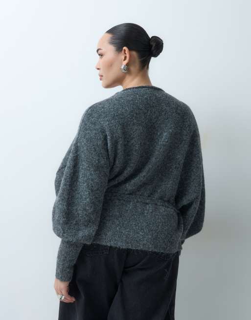 ASOS DESIGN Curve faux fur collar wrap cardigan in grey, 4 of 5