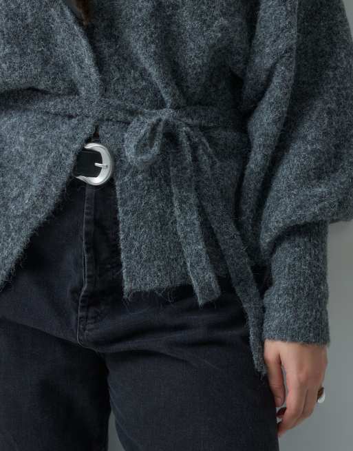 ASOS DESIGN Curve faux fur collar wrap cardigan in grey, 5 of 5