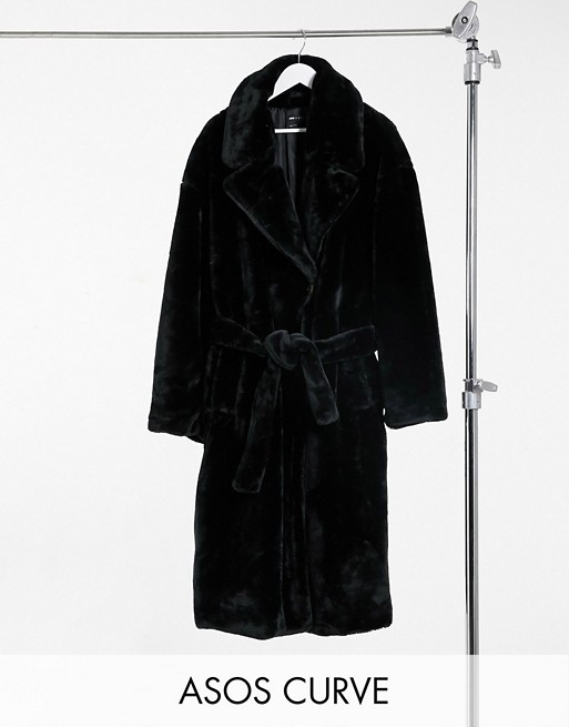 ASOS DESIGN Curve faux fur trench coat in black