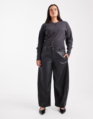 Asos Design Curve Faux Leather Barrel Leg Pants With Seam Detailing In Blue