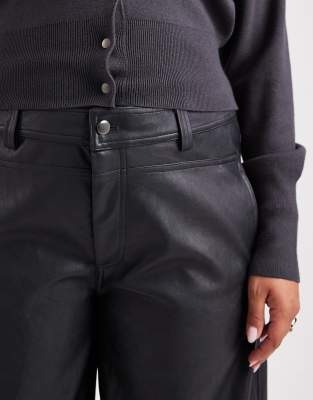 Asos Design Curve Faux Leather Barrel Leg Pants With Seam Detailing In Blue