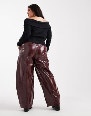 Asos Curve Asos Design Curve Faux Leather Barrel Leg Pants With Tab Detail In Burgundy