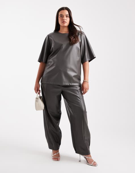 ASOS DESIGN Curve faux leather barrel leg pull on pants in gray - part of a set - view 1