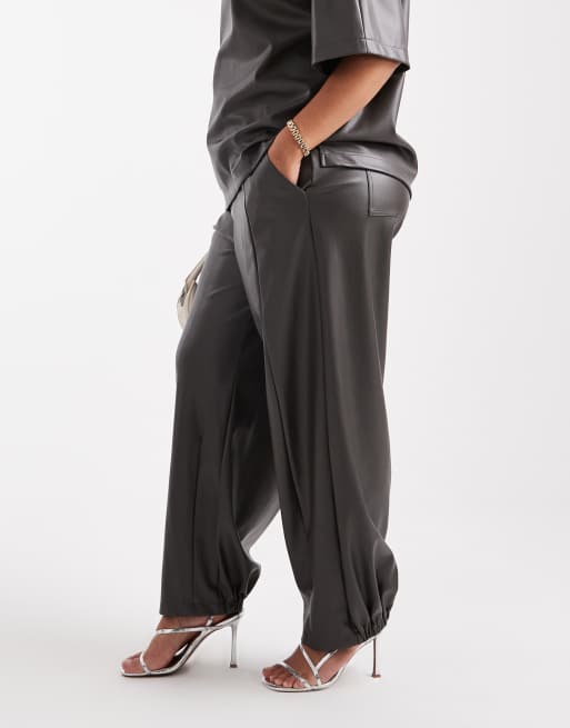 ASOS DESIGN Curve faux leather barrel leg pull on pants in gray - part of a set, 4 of 4