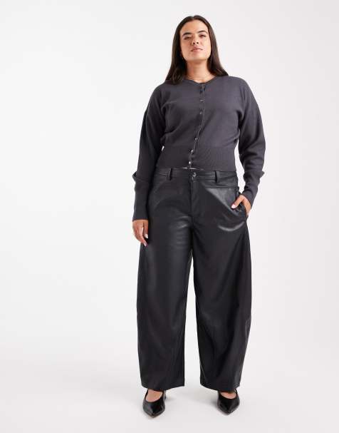 ASOS DESIGN Curve faux leather barrel leg trousers with seam detail in navy - view 1