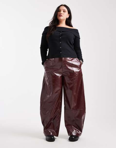 ASOS DESIGN Curve faux leather barrel leg trousers with tab detail in burgundy - view 1