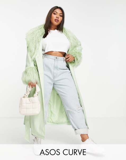 ASOS DESIGN Curve faux leather belted coat with borg trim in pistachio - view 1