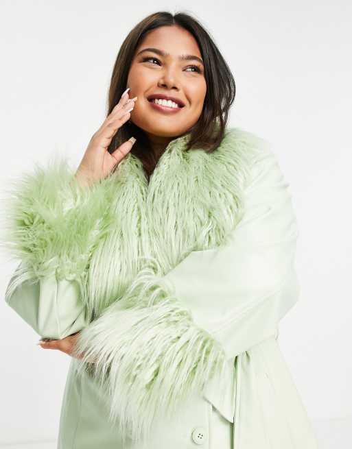 ASOS DESIGN Curve faux leather belted coat with borg trim in pistachio, 4 of 4