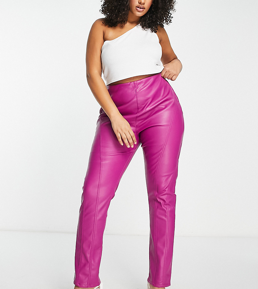ASOS DESIGN Curve faux leather cigarette pants with seam detail in berry-Red