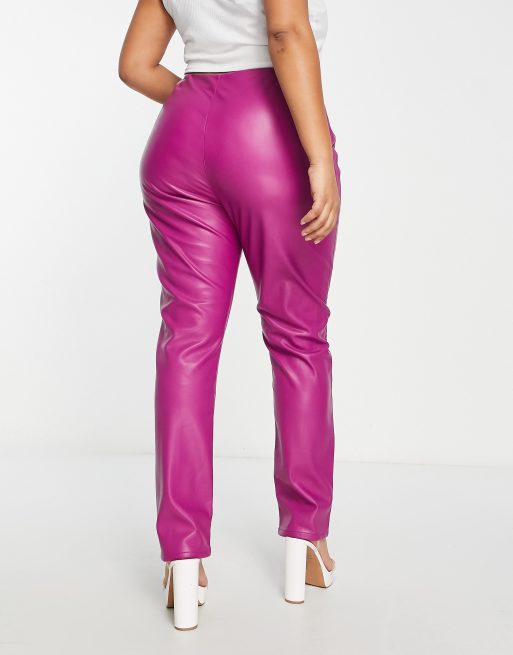 ASOS DESIGN Curve faux leather cigarette trouser with seam detail in berry