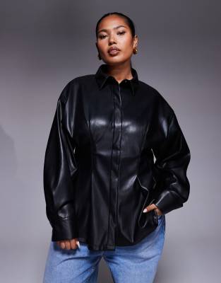 Asos Curve Asos Design Curve Faux Leather Cinched Detail Shirt In Black