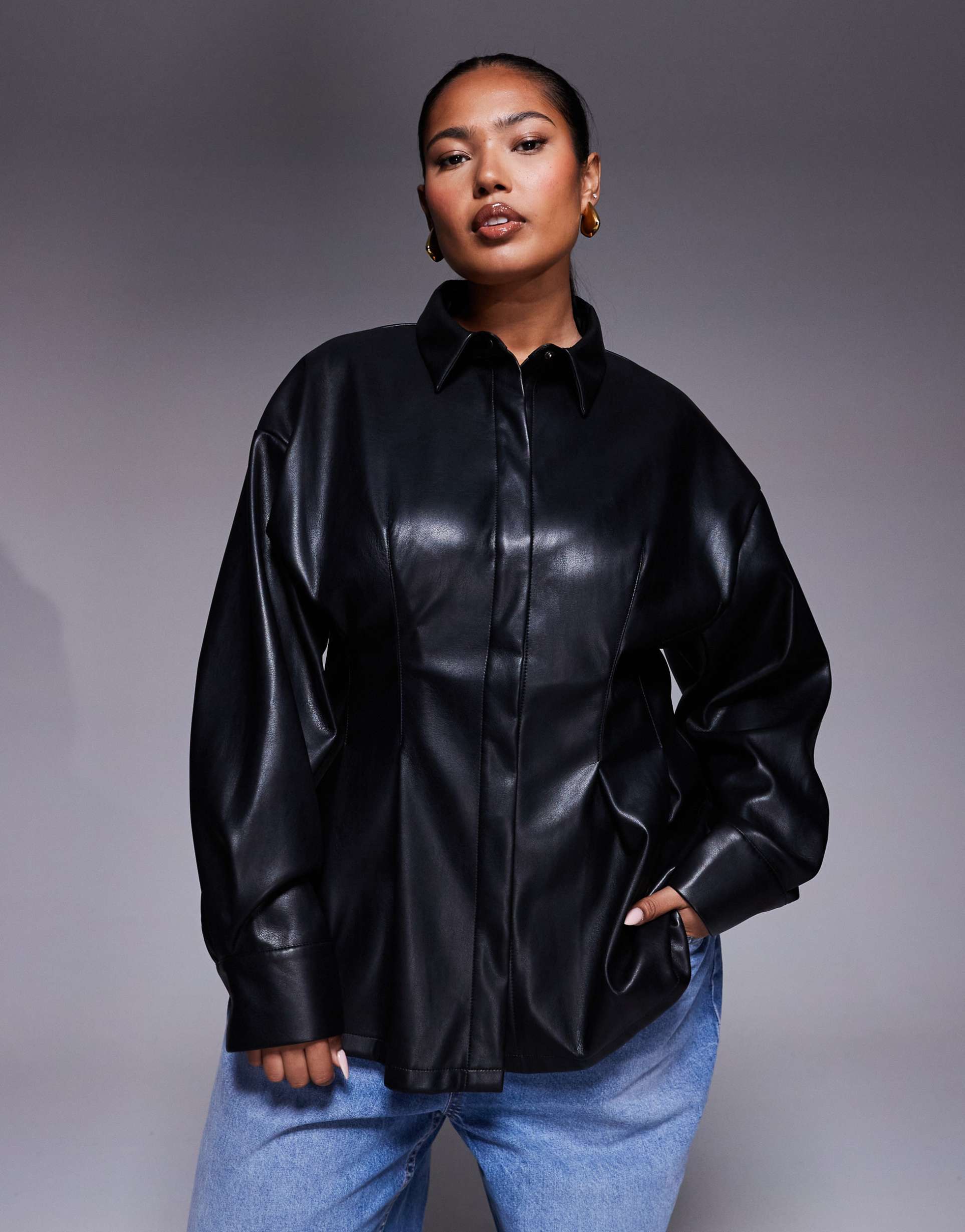 asos design curve faux leather cinched detail shirt in black