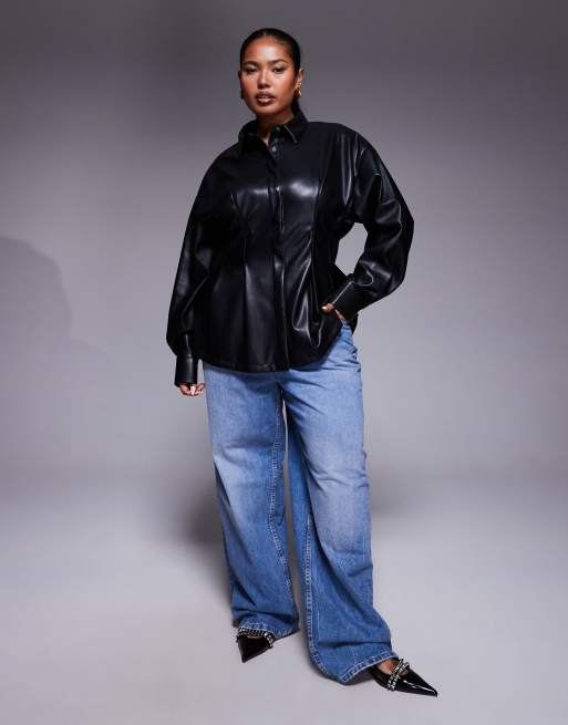 ASOS DESIGN Curve faux leather cinched detail shirt in black