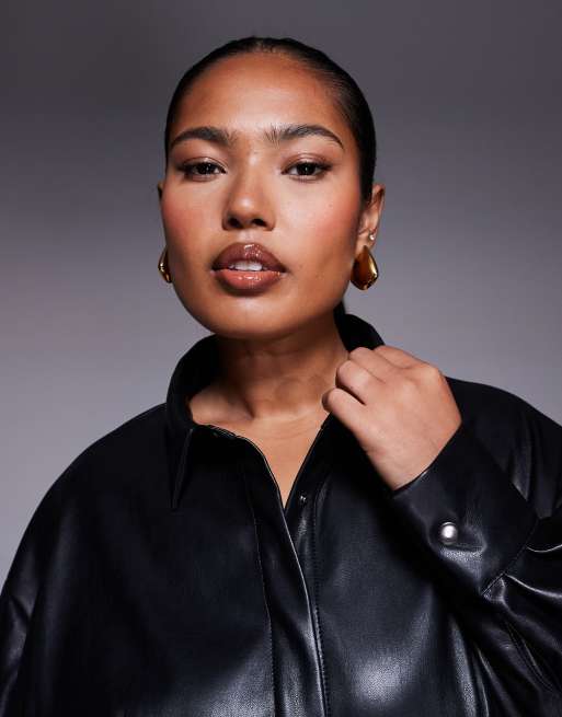 ASOS DESIGN Curve faux leather cinched detail shirt in black