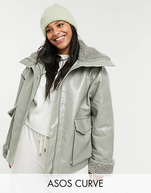 ASOS DESIGN Curve faux leather jacket with teddy lining in sage | ASOS