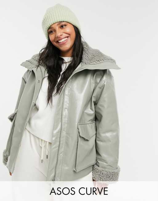 ASOS DESIGN Curve faux leather jacket with teddy lining in sage