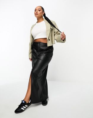 ASOS DESIGN Curve faux leather maxi skirt with front split in black - ASOS Price Checker
