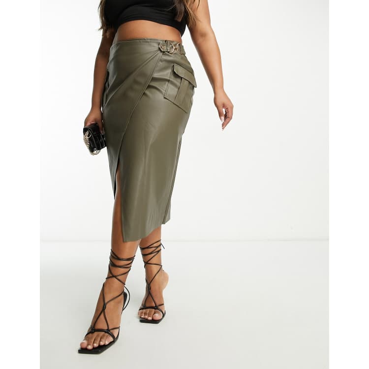 ASOS DESIGN Curve faux leather midi skirt with pocket details in khaki