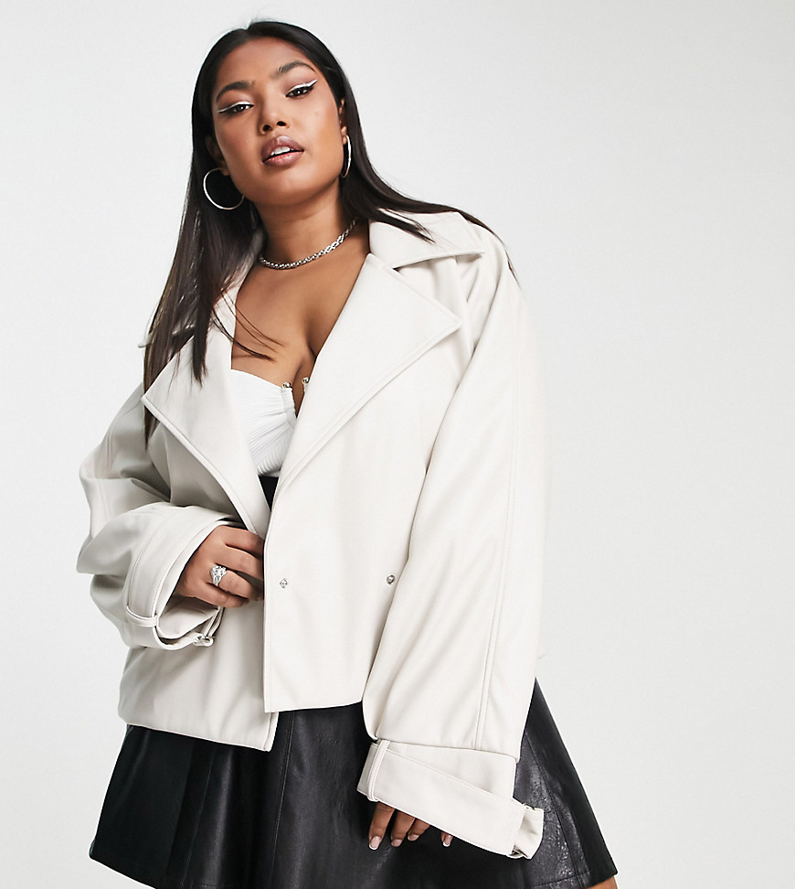 ASOS DESIGN Curve faux leather moto jacket in neutral