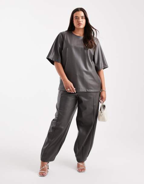 ASOS DESIGN Curve faux leather oversized top & barrel leg pull on trousers co-ord in grey - view 1