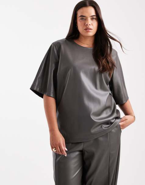 ASOS DESIGN Curve faux leather oversized top co-ord in grey - view 1