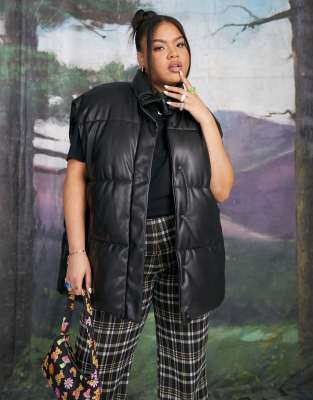 black faux leather puffer gilet