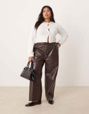 Curve faux leather pull on barrel pants in chocolate-Brown