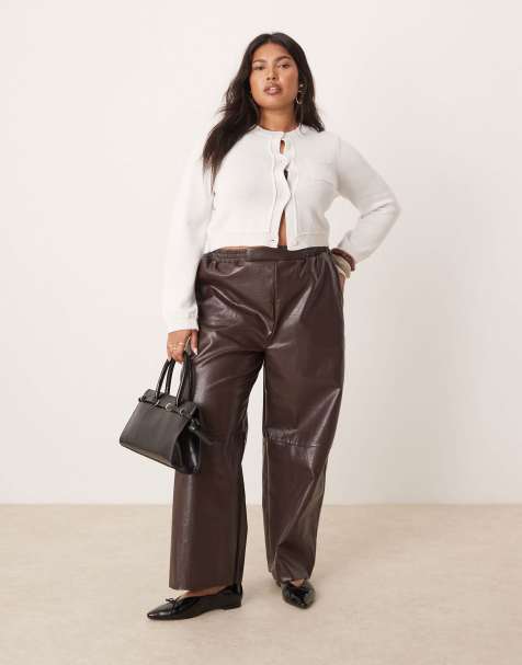 ASOS DESIGN Curve faux leather pull on barrel pants in chocolate - view 1