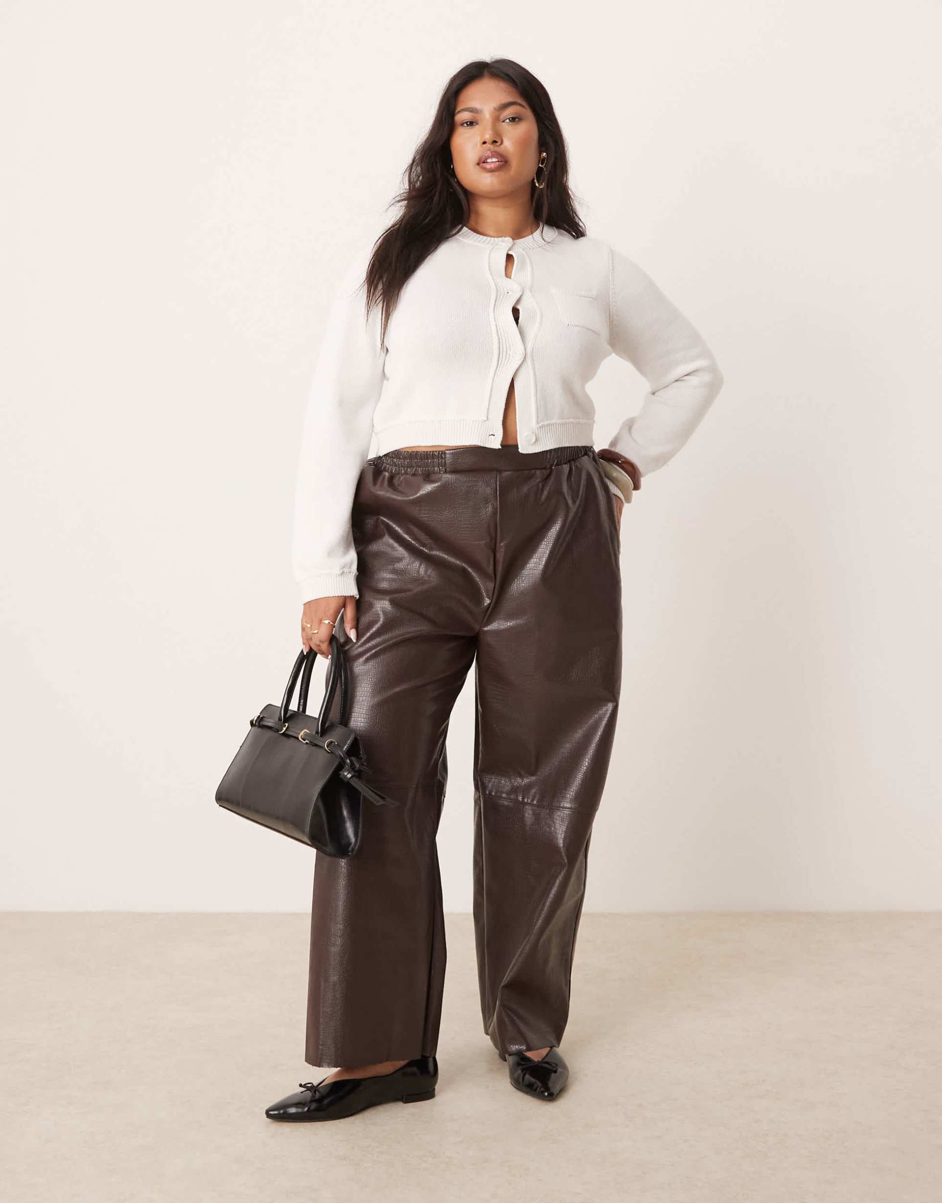 asos design curve faux leather pull on barrel pants in chocolate