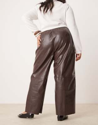 Asos Design Curve Faux Leather Pull On Barrel Pants In Brown