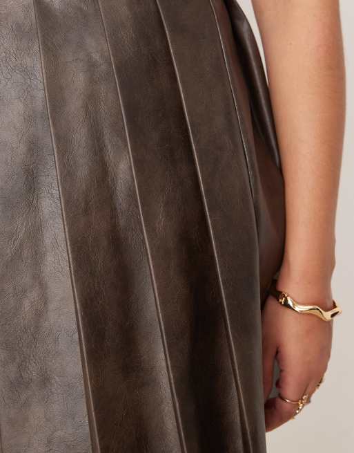 ASOS DESIGN Curve faux leather seamed mini dress with pleat hem in  chocolate | ASOS