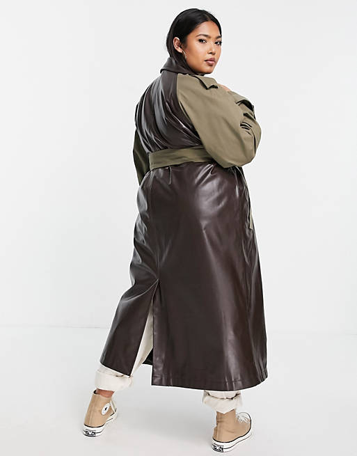 Women Curve faux leather spliced trench in brown 
