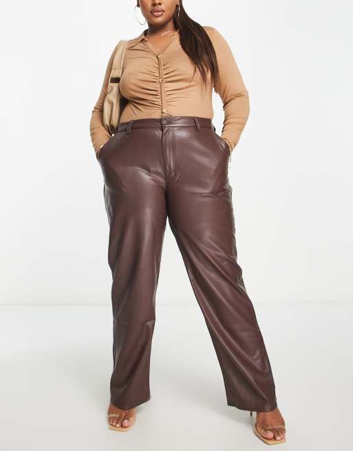 ASOS DESIGN Curve faux leather straight leg pants in brown