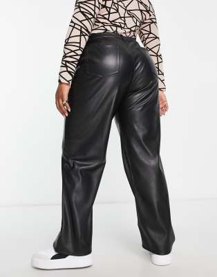 ASOS DESIGN Curve faux leather straight leg trousers in black | ASOS