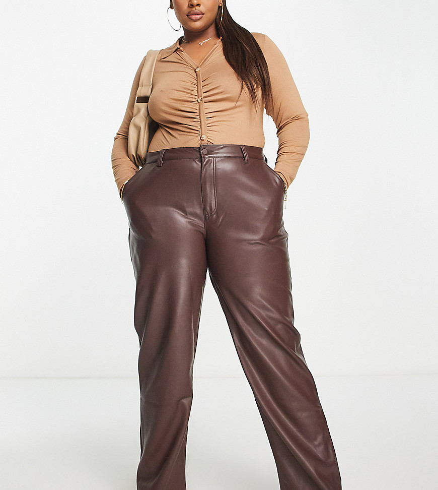 ASOS DESIGN Curve faux leather straight leg trousers in brown