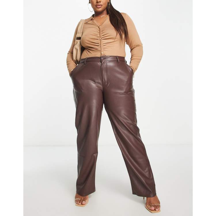 ASOS DESIGN Curve faux leather straight leg trousers in brown