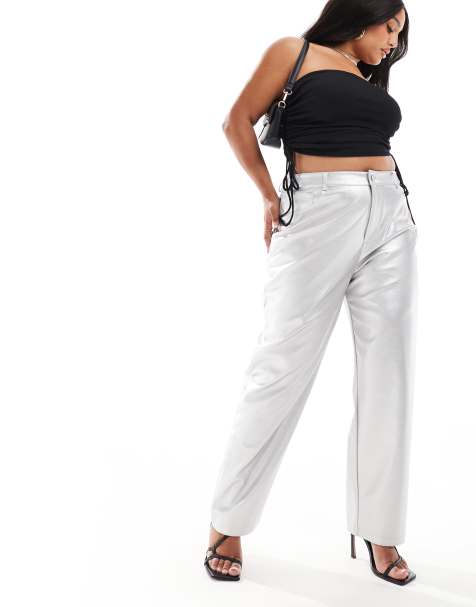 ASOS DESIGN Curve faux leather straight leg trousers in silver - view 1