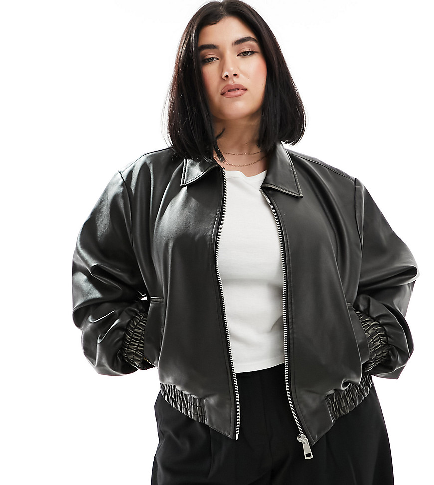 Asos Curve Asos Design Curve Faux Leather Top Collar Detail Jacket In Washed Black